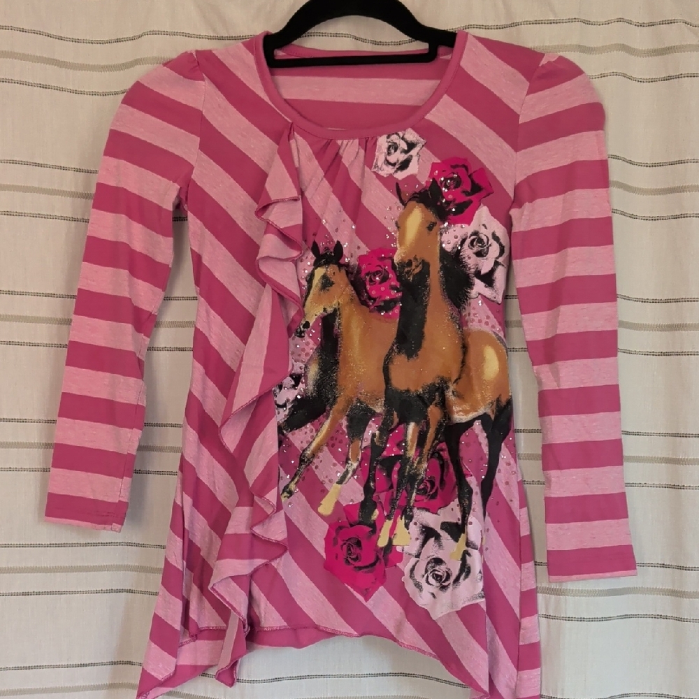 Source Unknown Pink Striped Kids Long Sleeve with Horse Print
